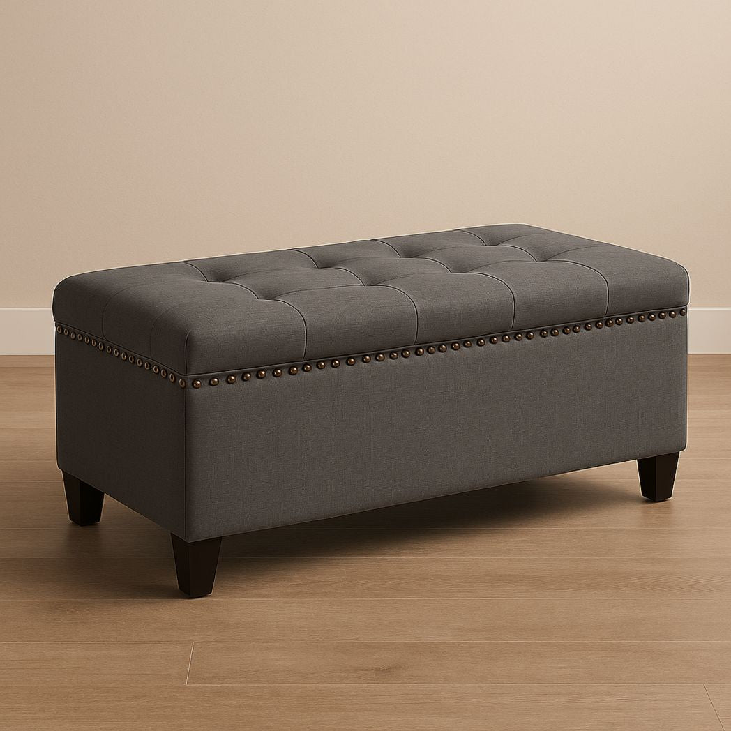 Banc de rangement rectangulaire tissu polyester pieds en bois Gris 102x42x43 cm