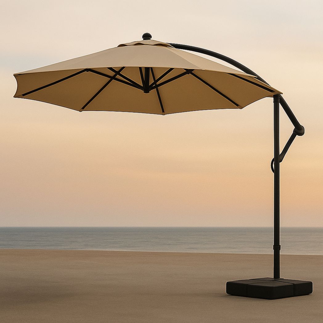 Parasol Déporté Rond en Aluminium avec Toile Polyester Résistant aux UV Beige, Diamètre 3m, Hauteur 2.5m