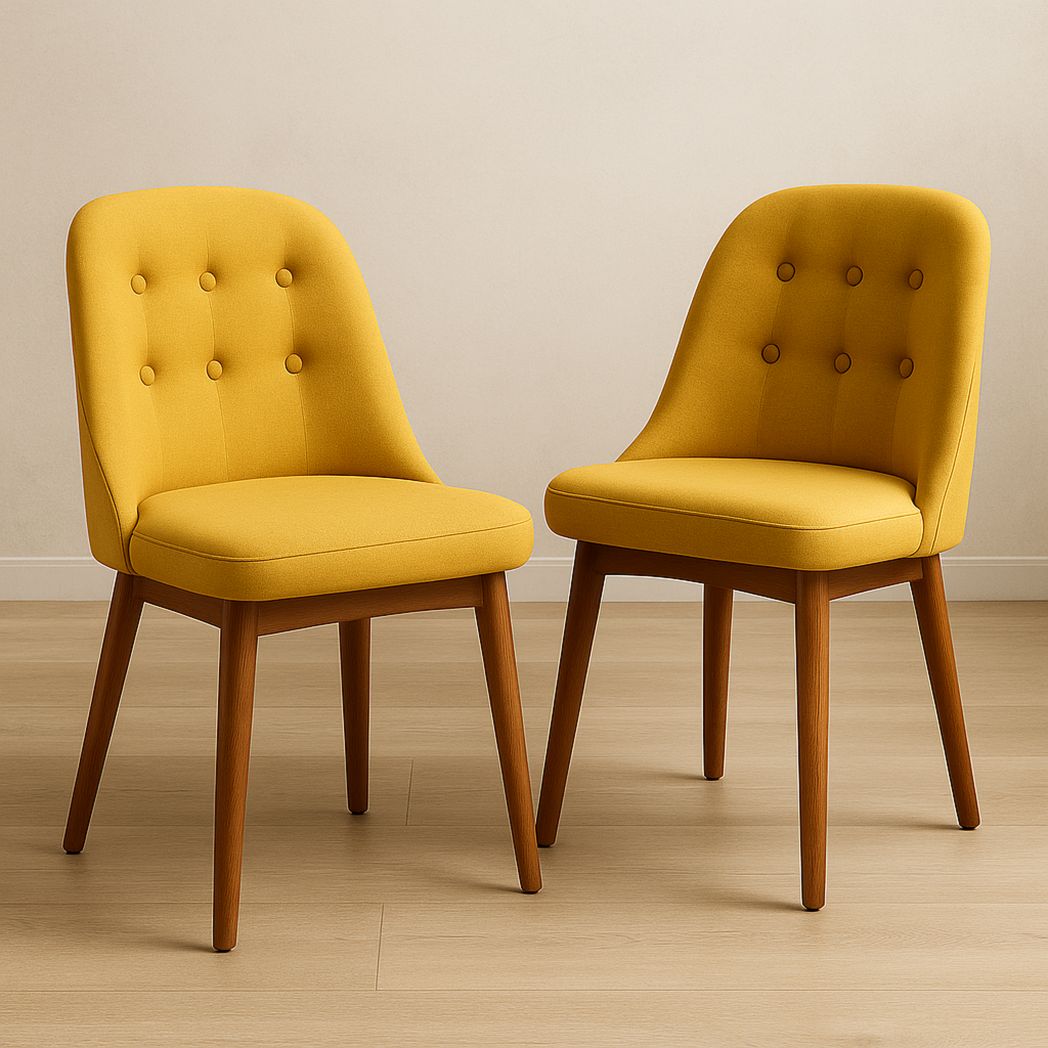 Set de 2 Chaises de Salle à Manger en Tissu Polyester Jaune avec Pieds en Bois 84x48x54 cm