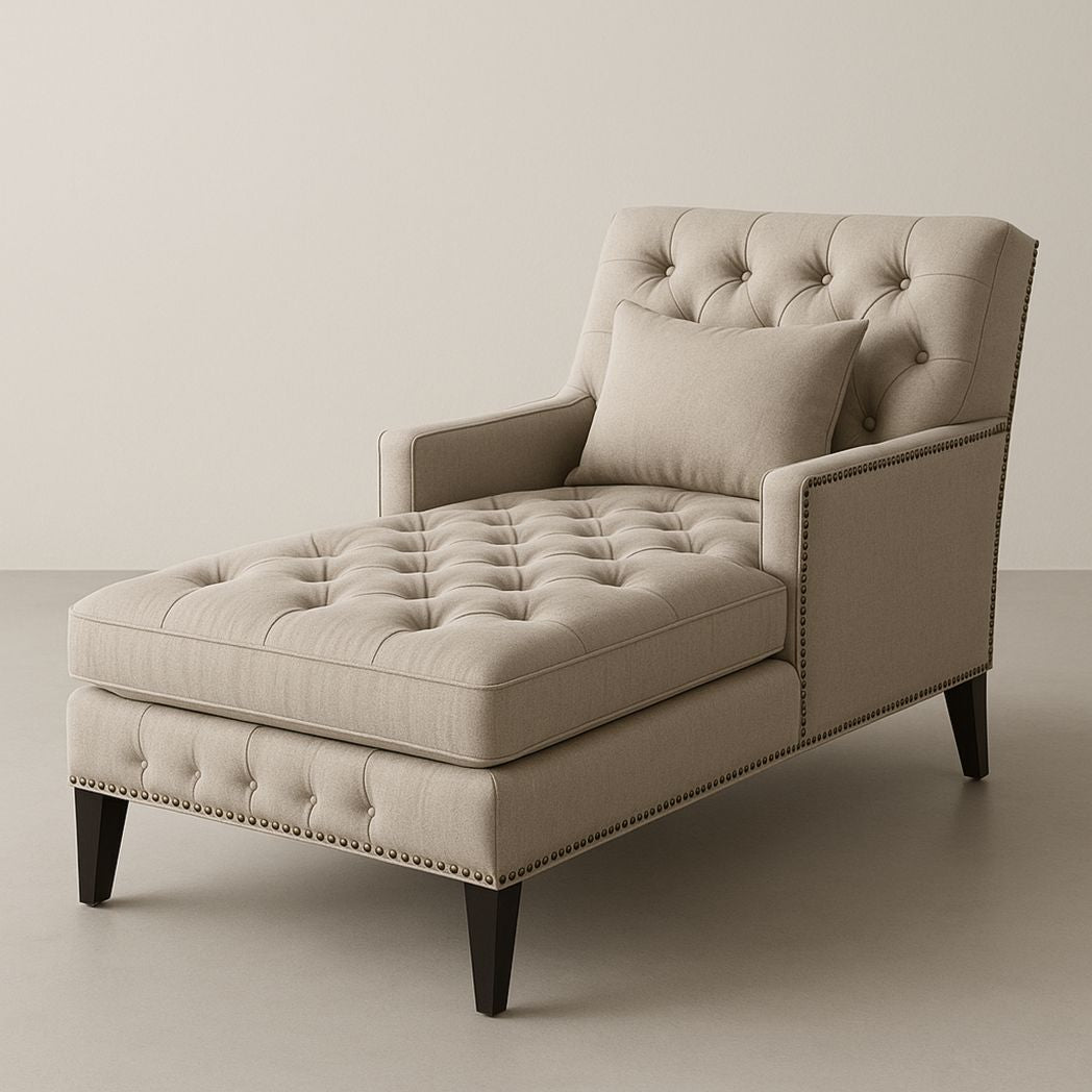 Chaise longue rembourrée en lin beige à accoudoirs, 200 cm de long