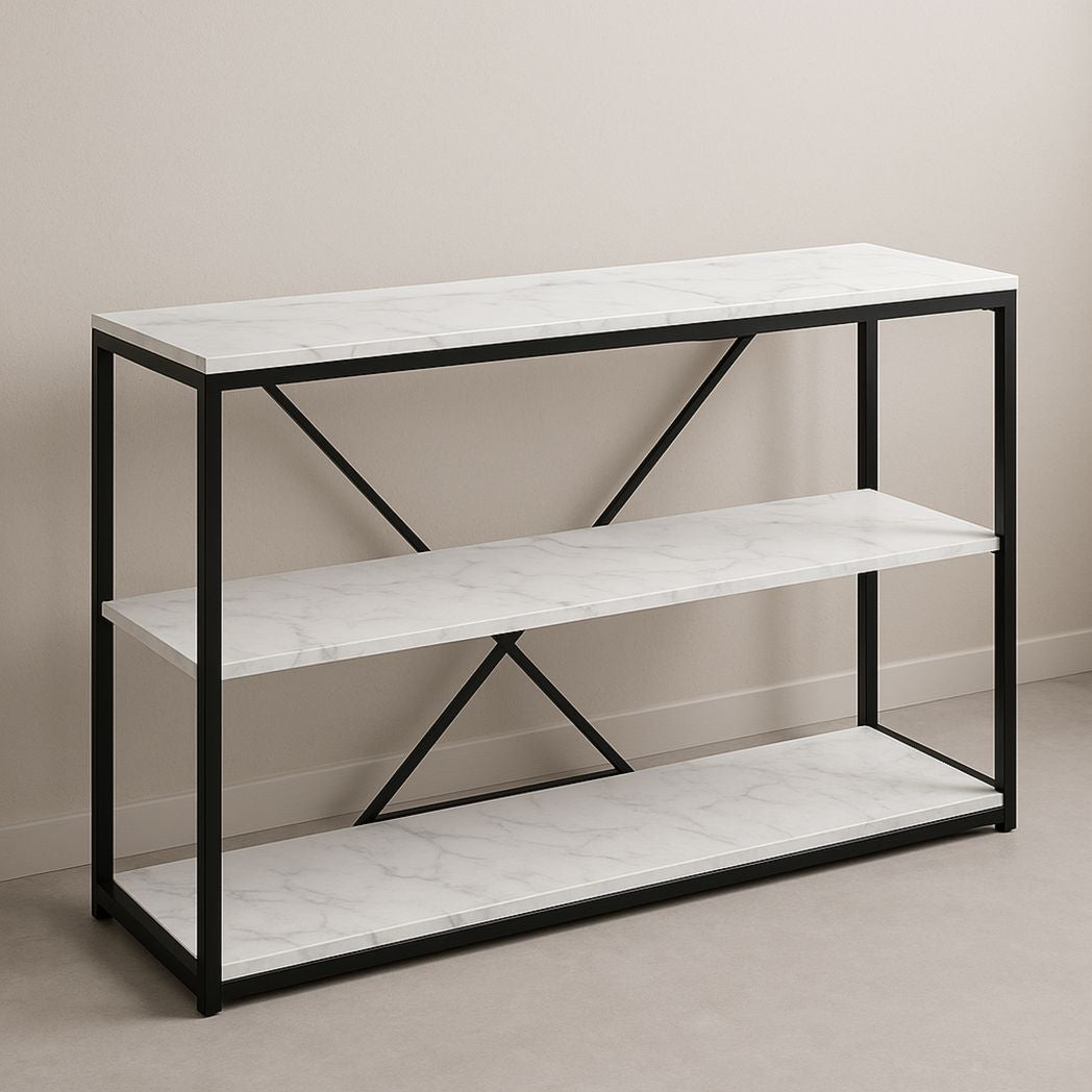 Etagère de rangement rectangulaire en métal avec tablettes effet marbre, Noir/Blanc, 120x40x85 cm