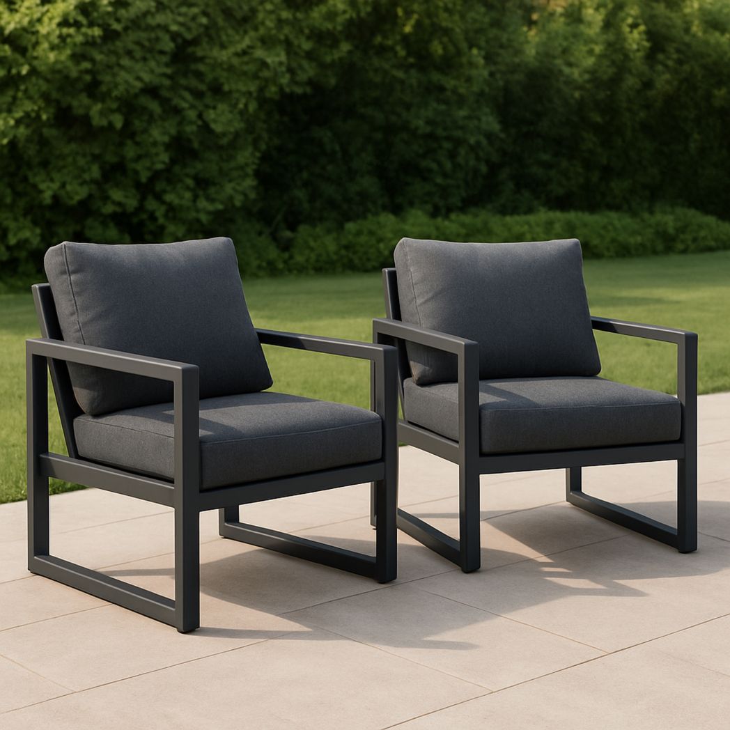 Lot de 2 fauteuils de jardin extérieur en aluminium gris avec coussins en polyester