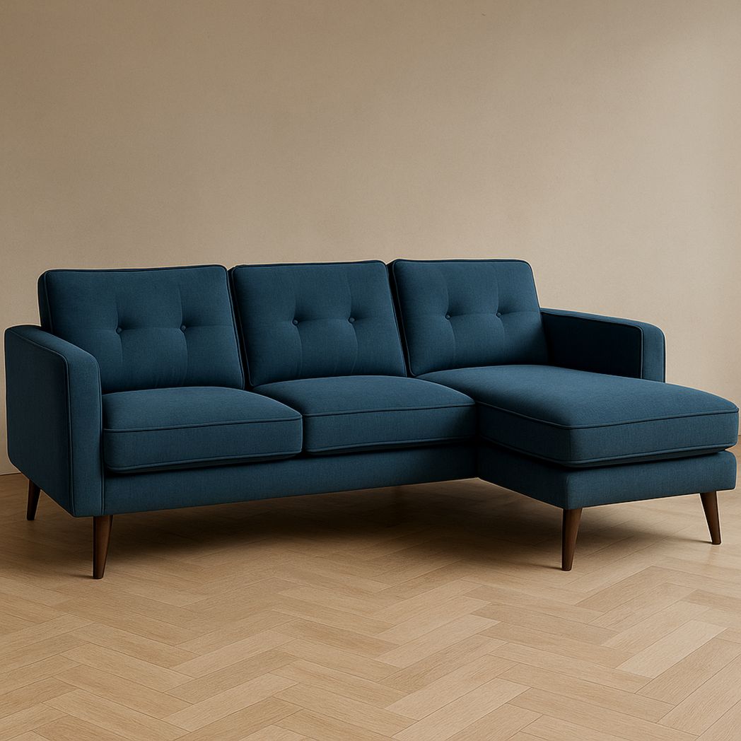 Canapé d'Angle en Lin Bleu avec Pieds en Bois, 3 Places, L 220 cm xl 150 cm x H 85 cm