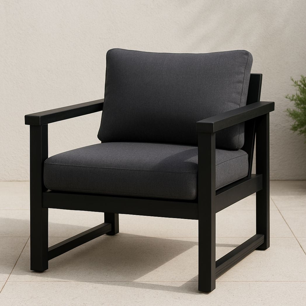 Fauteuil de jardin en aluminium noir avec coussins en polyester gris