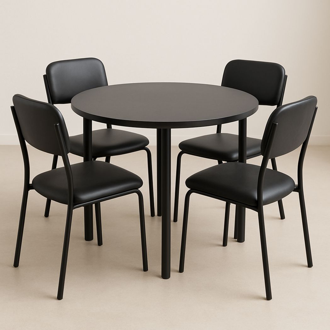Ensemble de salle à manger rond en métal noir avec 4 chaises en PVC