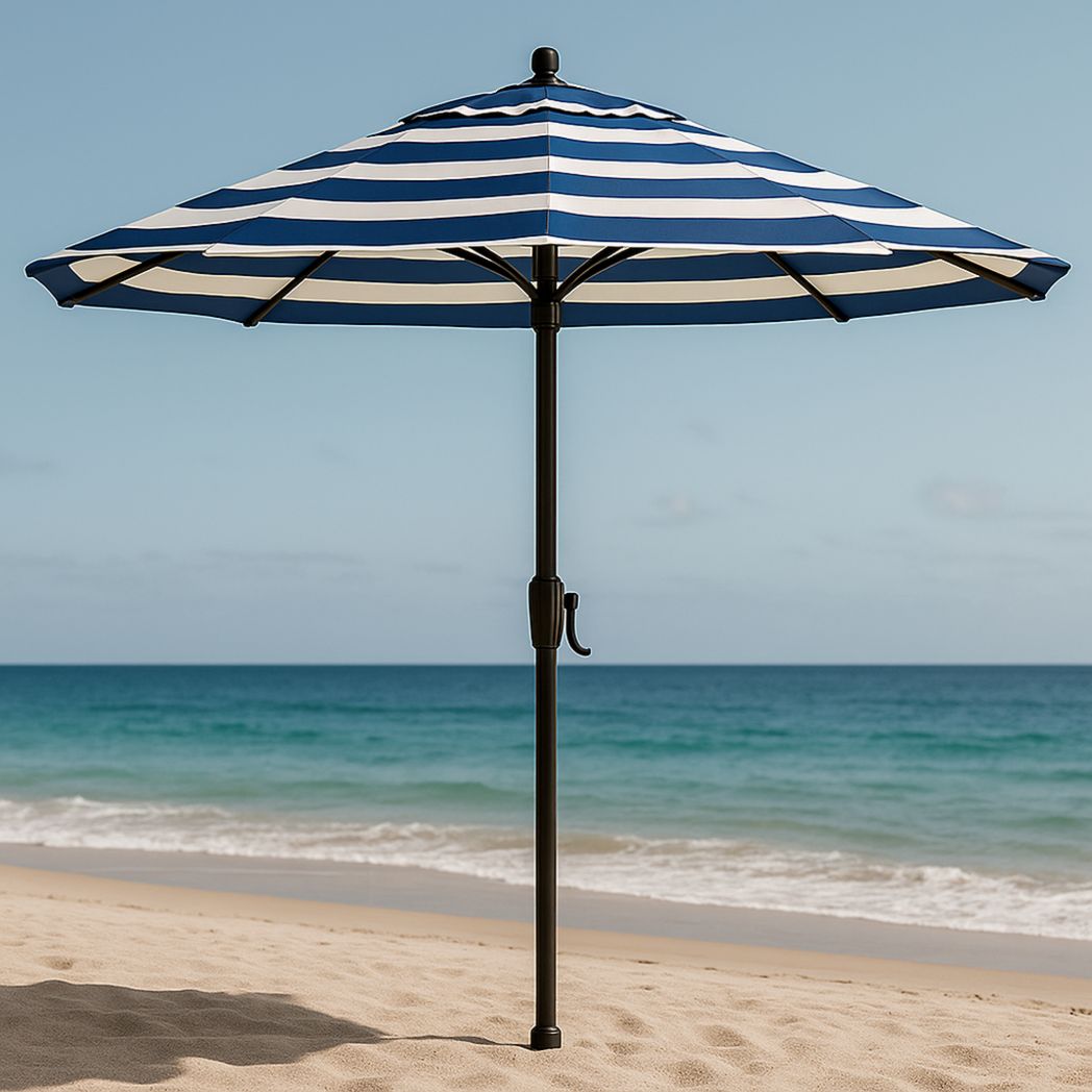 Parasol de plage rond polyester rayé bleu/blanc diamètre 300 cm