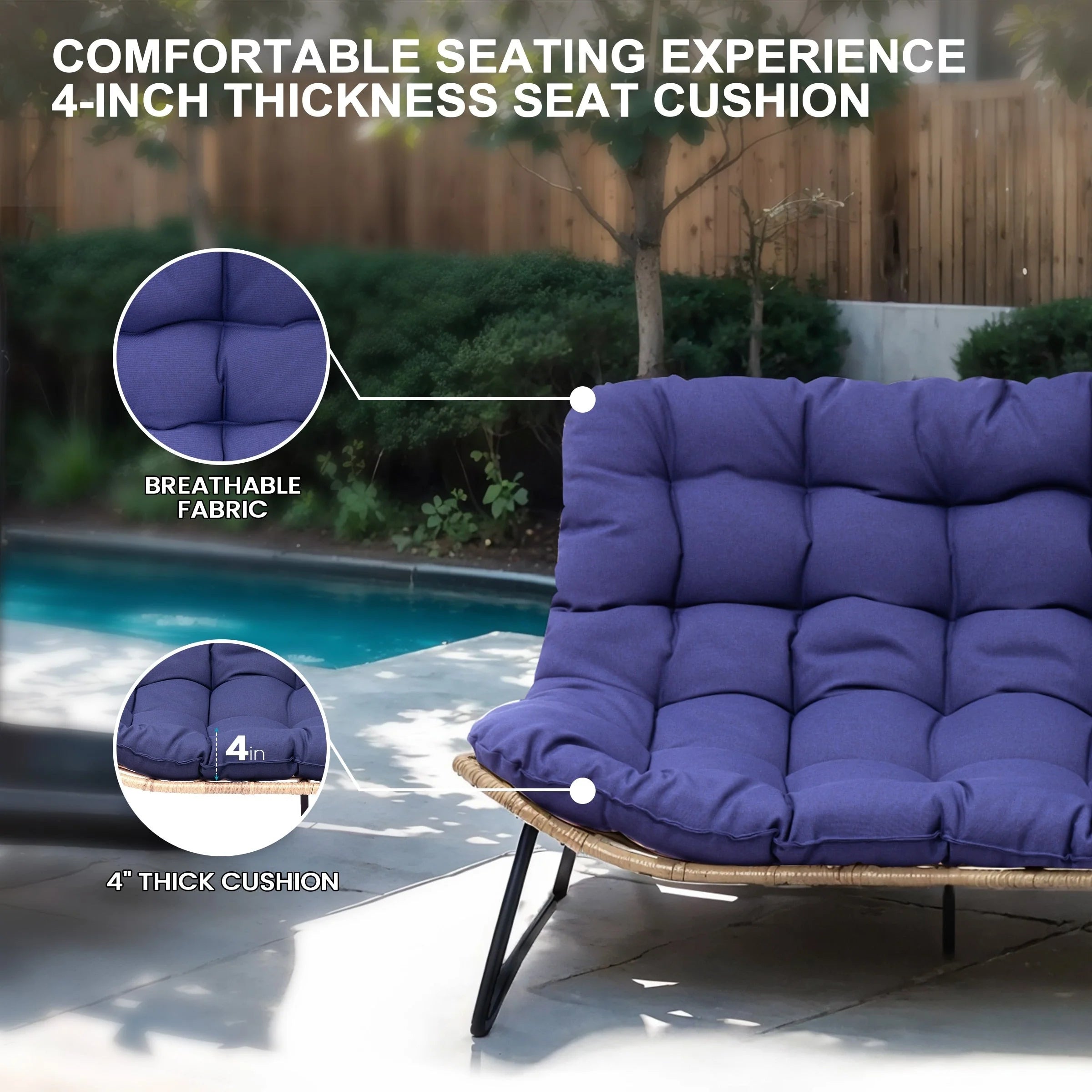 Fauteuil Papasan double deux places avec coussin, en rotin PE résistant aux intempéries et structure en métal pour intérieur et extérieur