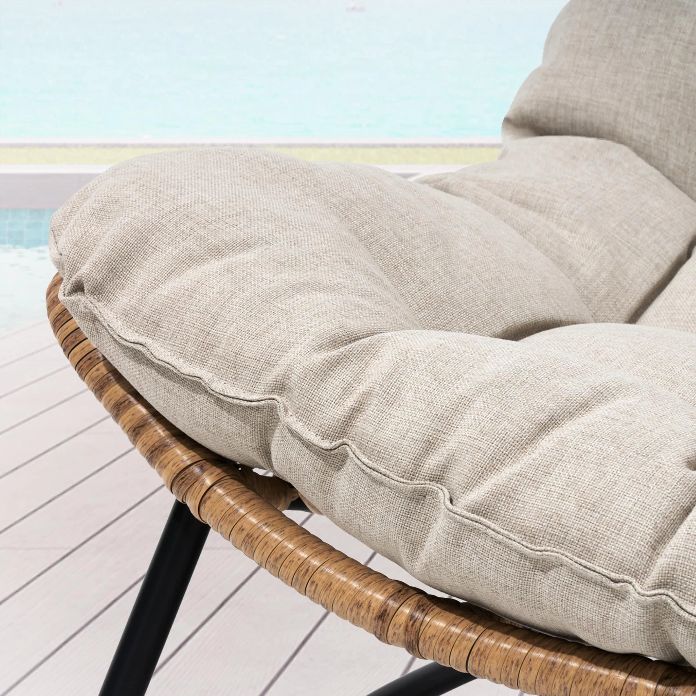 Fauteuil Papasan double deux places avec coussin, en rotin PE résistant aux intempéries et structure en métal pour intérieur et extérieur