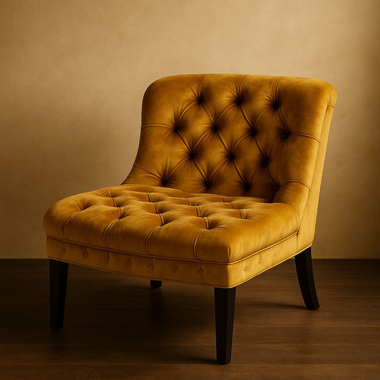 Chaise en Velours Moutarde avec Boutonnage et Pieds en Bois Massif