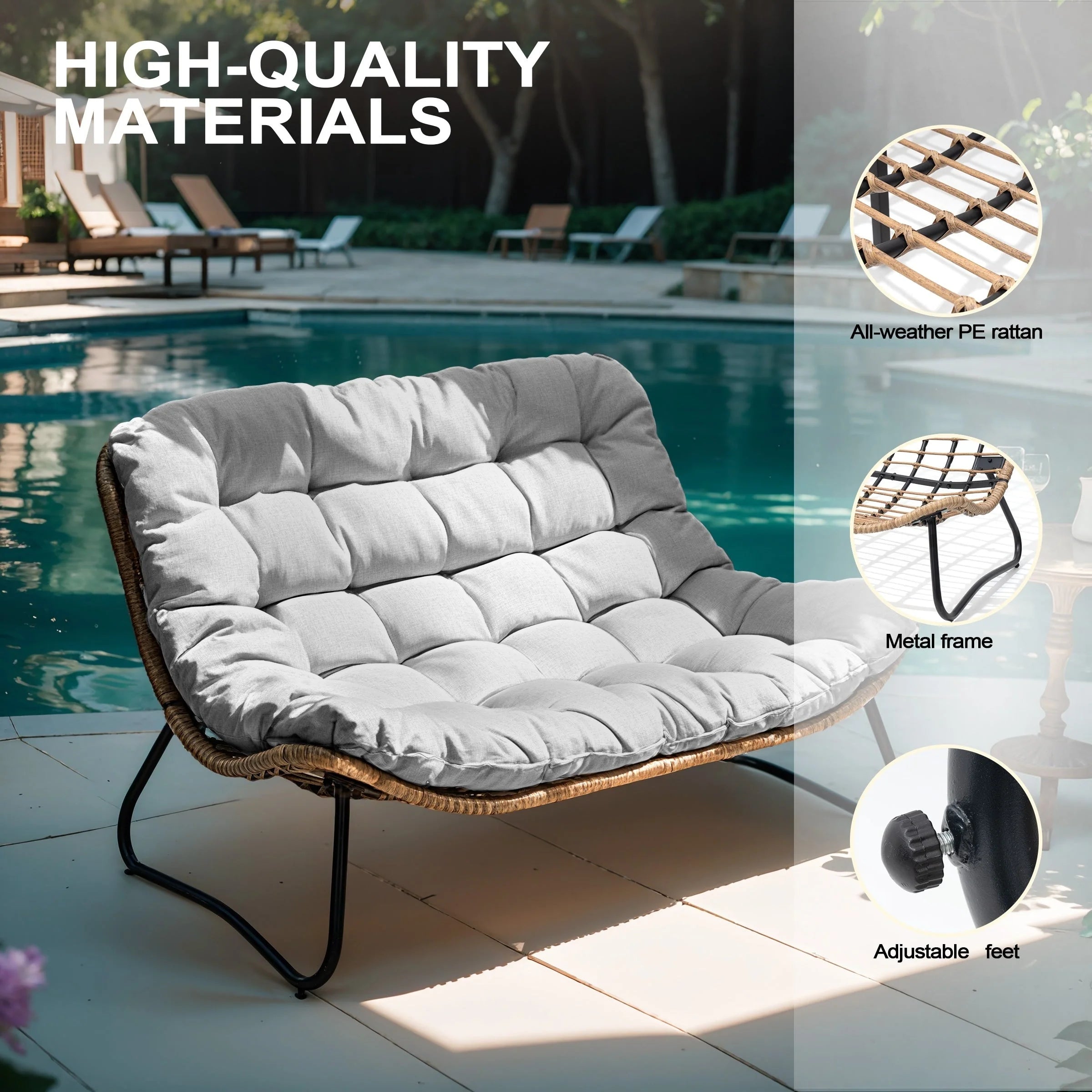 Fauteuil Papasan double deux places avec coussin, en rotin PE résistant aux intempéries et structure en métal pour intérieur et extérieur