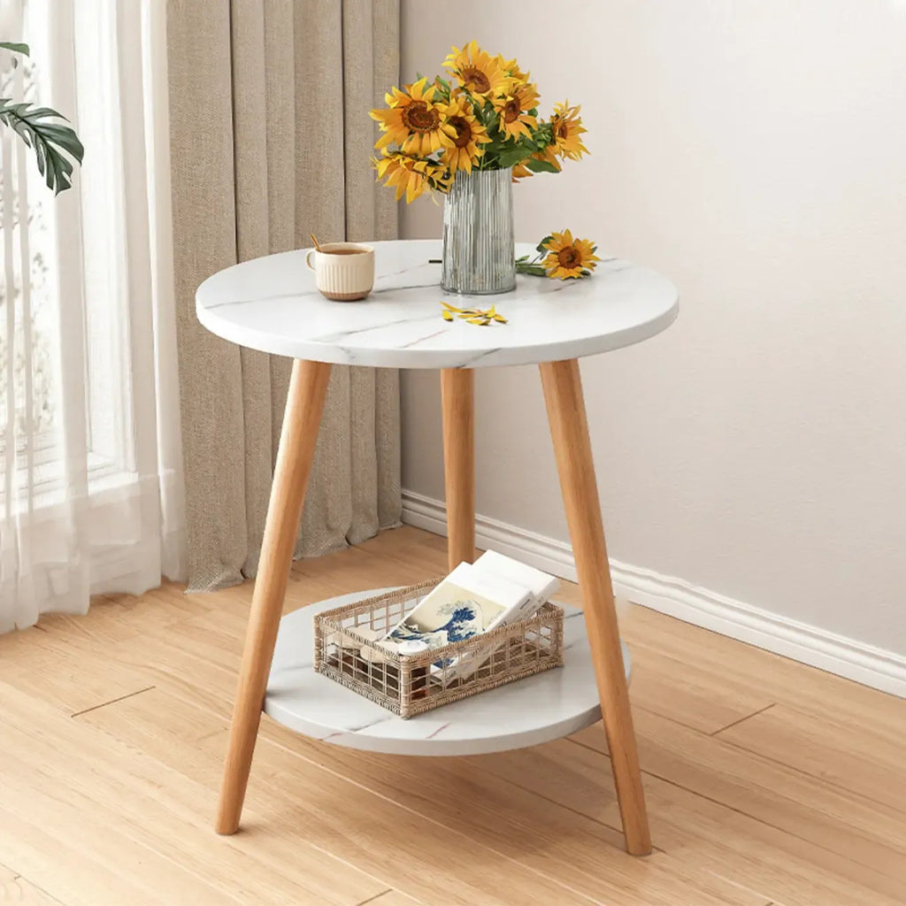 Table d'appoint ronde en bois à 2 niveaux avec rangement pour salon