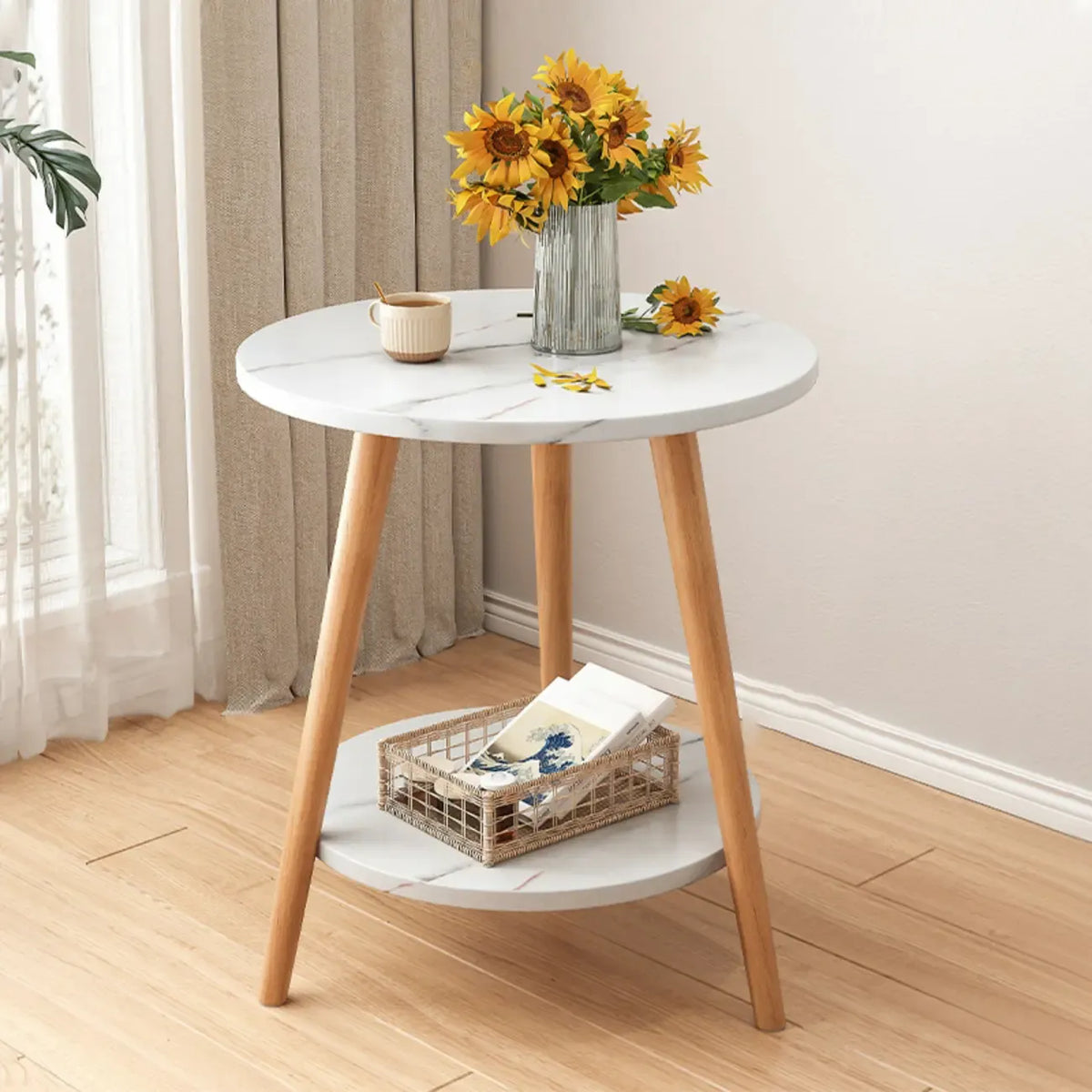 Table d'appoint ronde en bois à 2 niveaux avec rangement pour salon