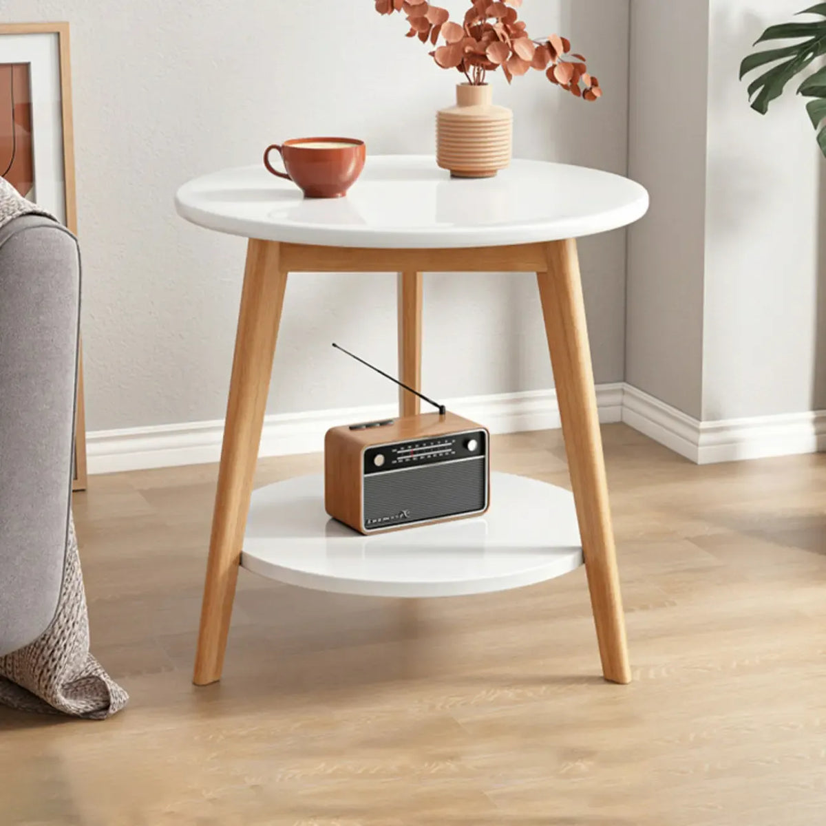 Table d'appoint ronde en bois à 2 niveaux avec rangement pour salon