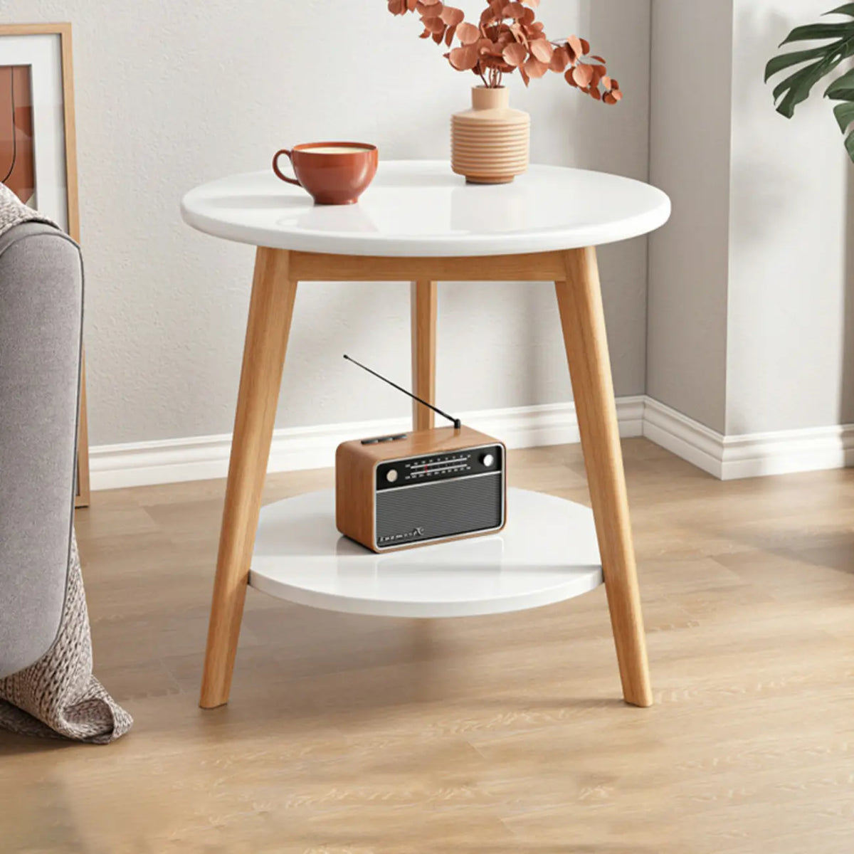 Table d'appoint ronde en bois à 2 niveaux avec rangement pour salon