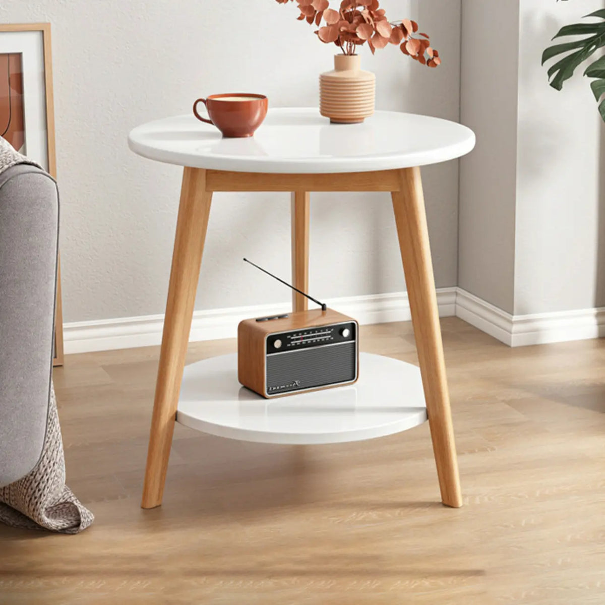 Table d'appoint ronde en bois à 2 niveaux avec rangement pour salon