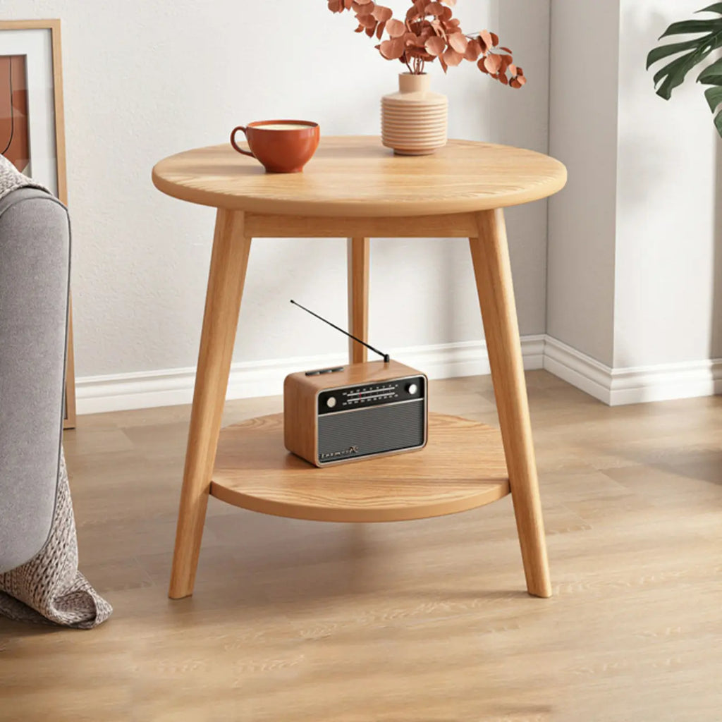 Table d'appoint ronde en bois à 2 niveaux avec rangement pour salon