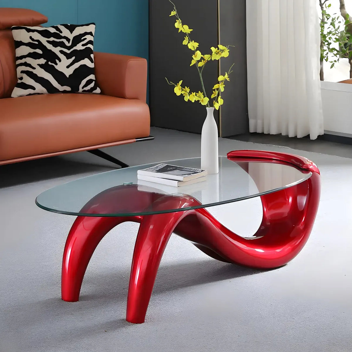 Table basse ovale moderne abstraite avec plateau en verre et piètement en métal