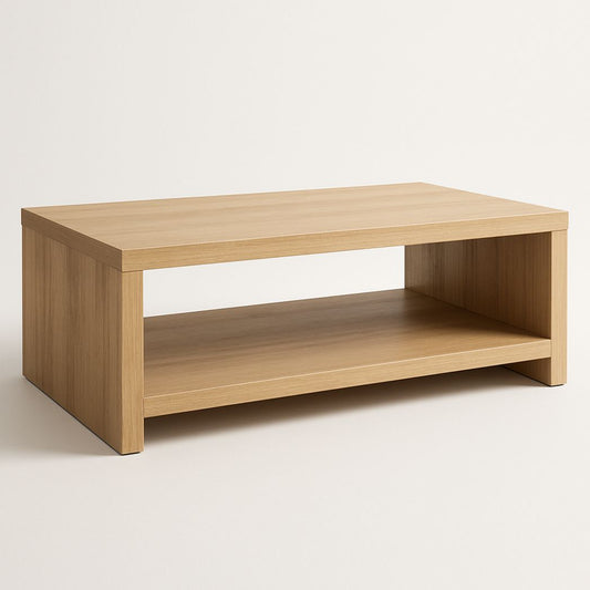 Table basse rectangulaire en bois aggloméré avec étagère de rangement, 110x60x40 cm, couleur chêne clair