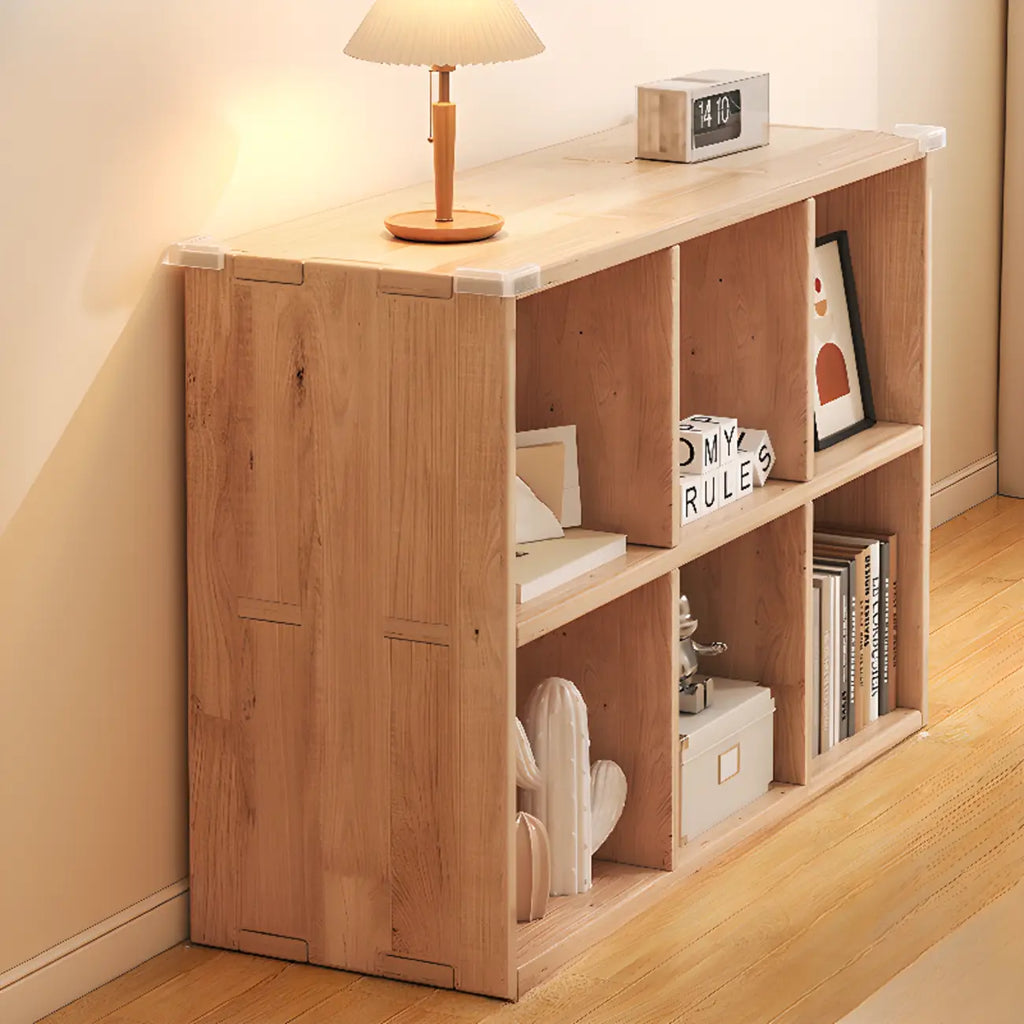 Bibliothèque basse rectangulaire en bois brun naturel avec rangement horizontal