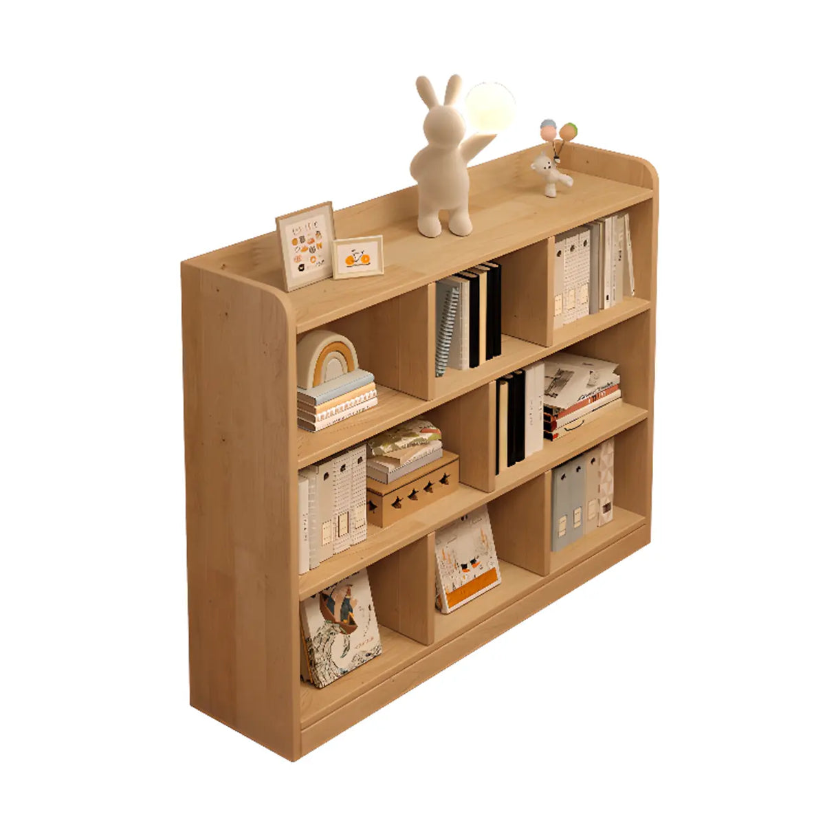 Bibliothèque basse rectangulaire en bois brun naturel avec rangement horizontal