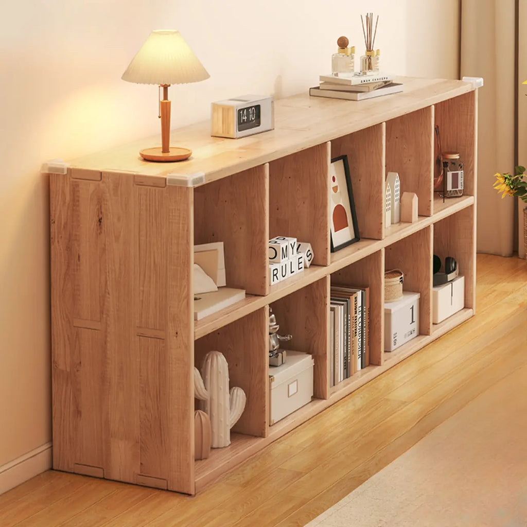 Bibliothèque basse rectangulaire en bois brun naturel avec rangement horizontal