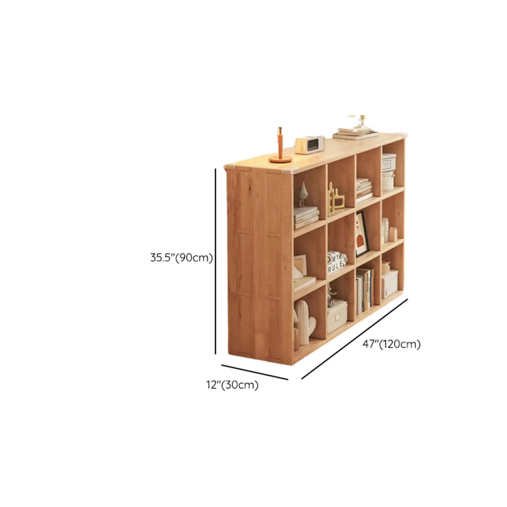 Bibliothèque basse rectangulaire en bois brun naturel avec rangement horizontal
