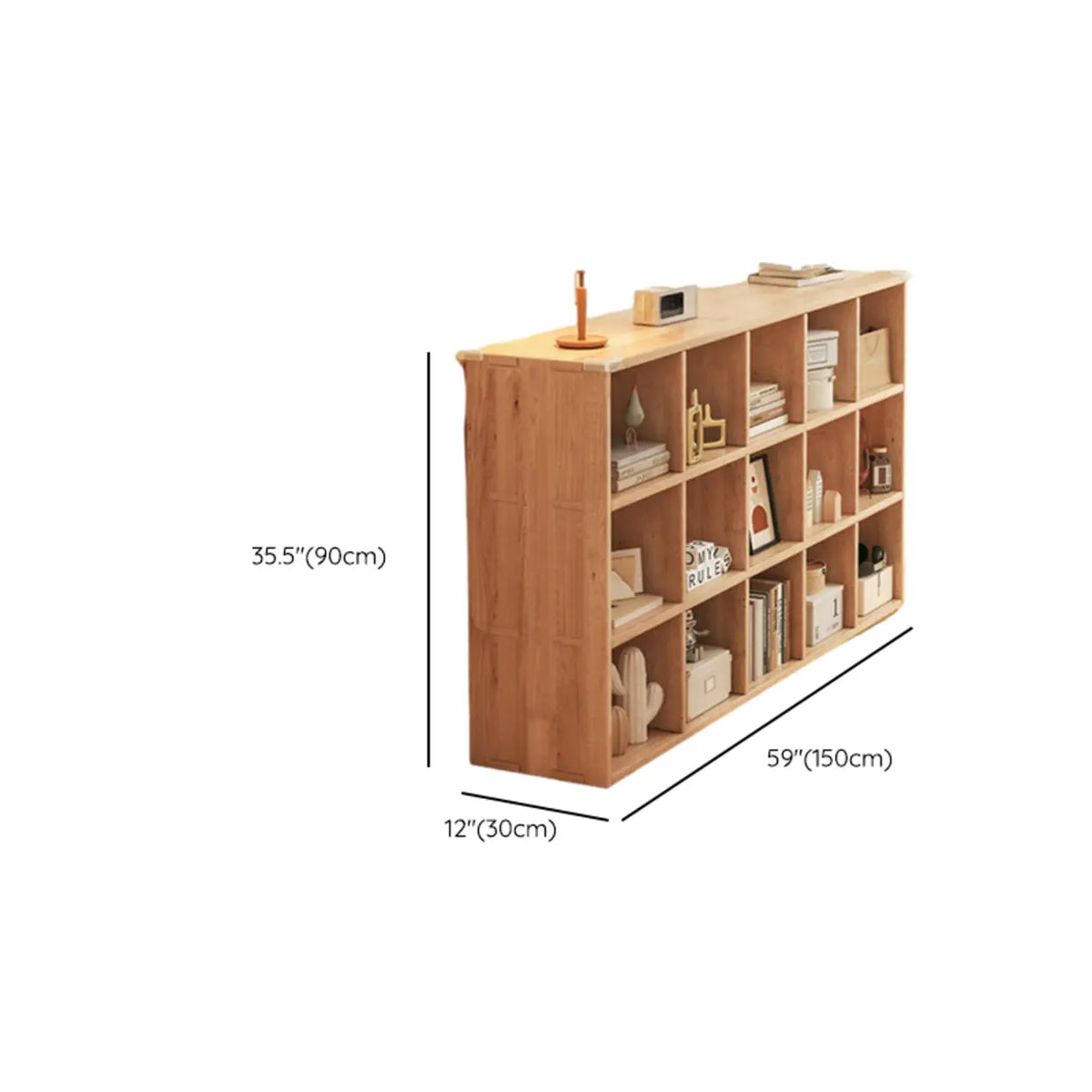 Bibliothèque basse rectangulaire en bois brun naturel avec rangement horizontal