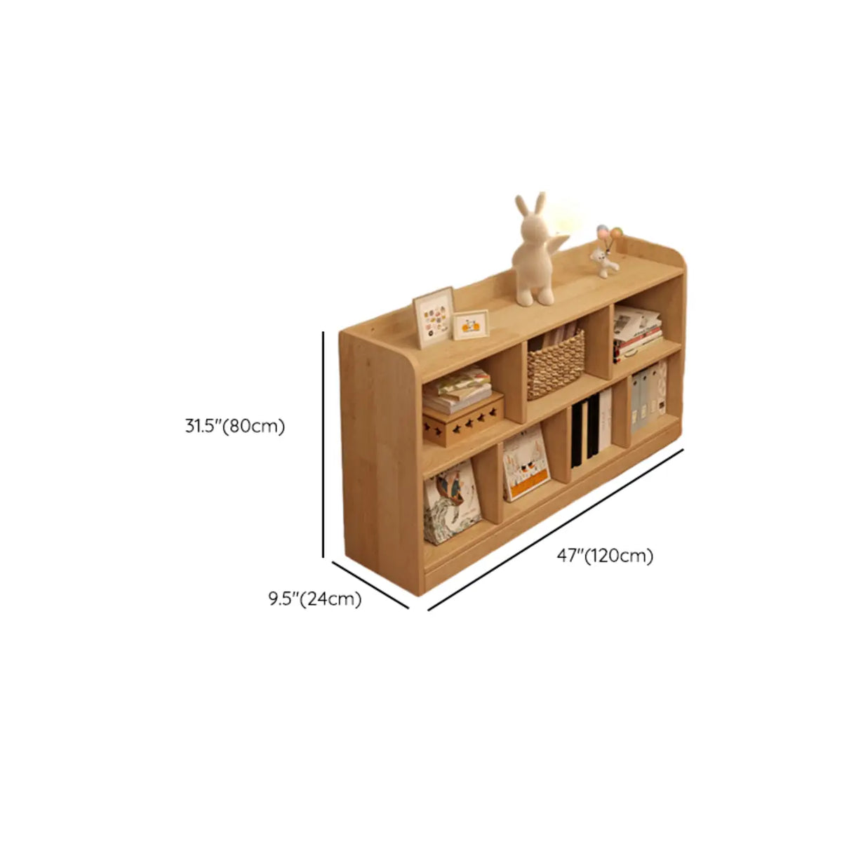 Bibliothèque basse rectangulaire en bois brun naturel avec rangement horizontal