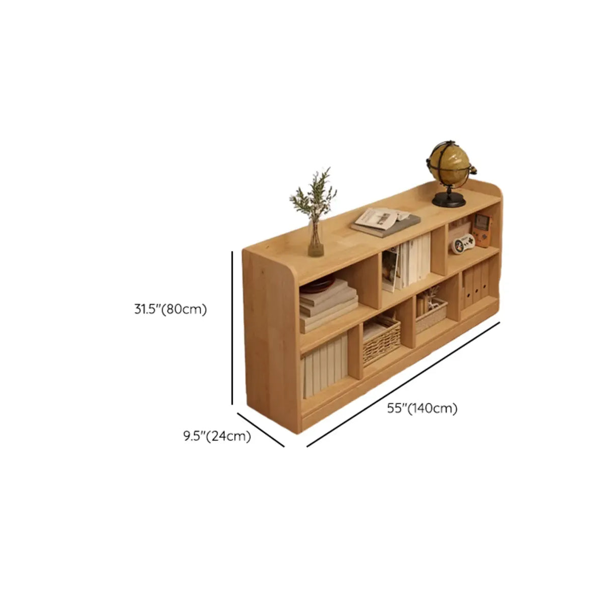 Bibliothèque basse rectangulaire en bois brun naturel avec rangement horizontal