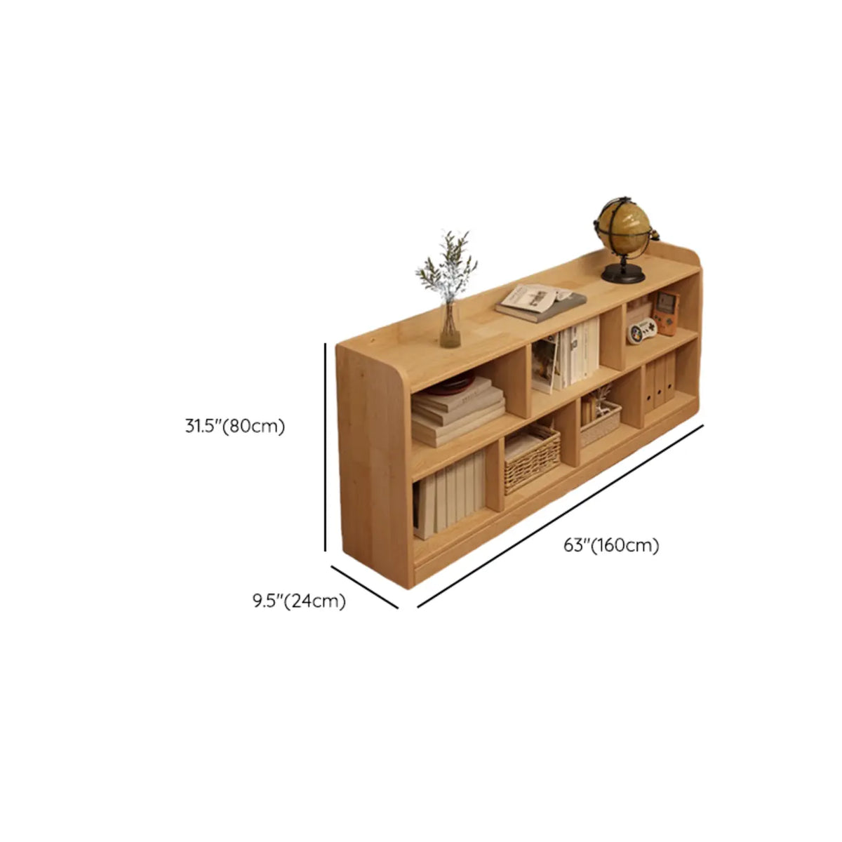 Bibliothèque basse rectangulaire en bois brun naturel avec rangement horizontal