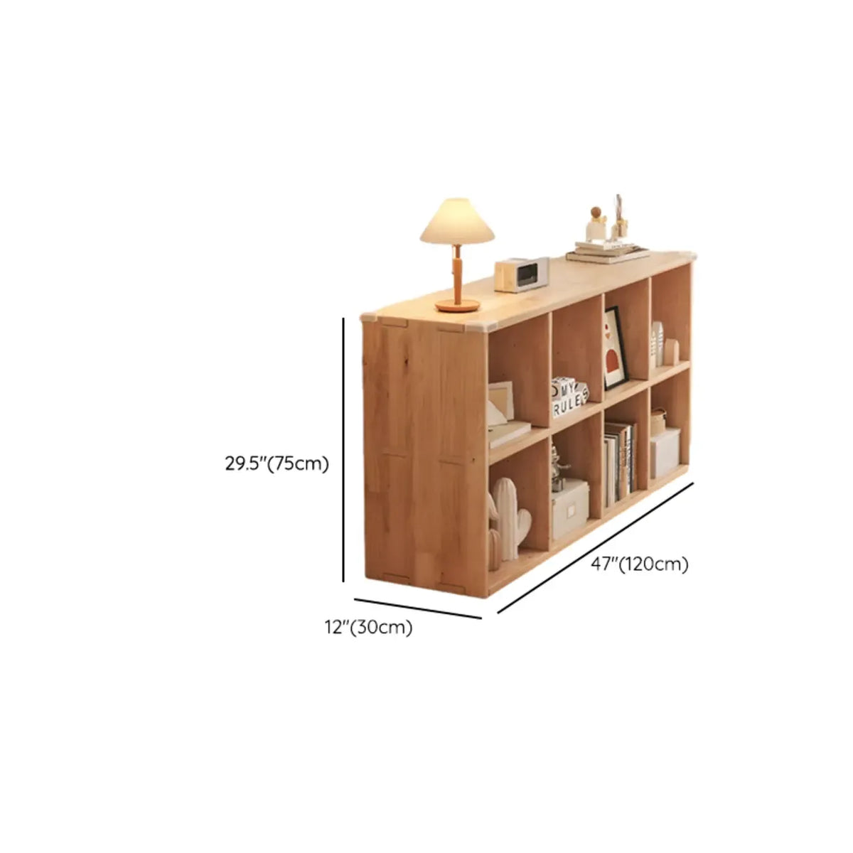 Bibliothèque basse rectangulaire en bois brun naturel avec rangement horizontal