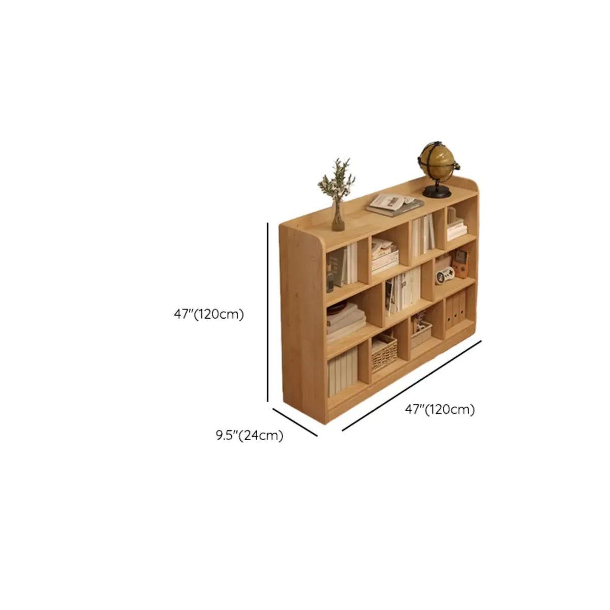 Bibliothèque basse rectangulaire en bois brun naturel avec rangement horizontal
