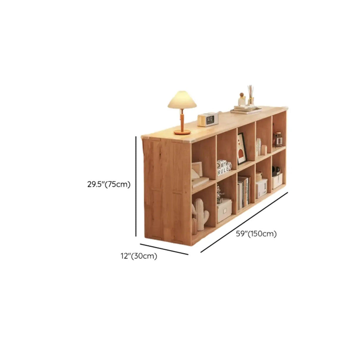Bibliothèque basse rectangulaire en bois brun naturel avec rangement horizontal