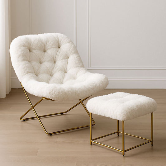 Fauteuil et Repose-pieds ensemble moderne en métal imitation fourrure blanche