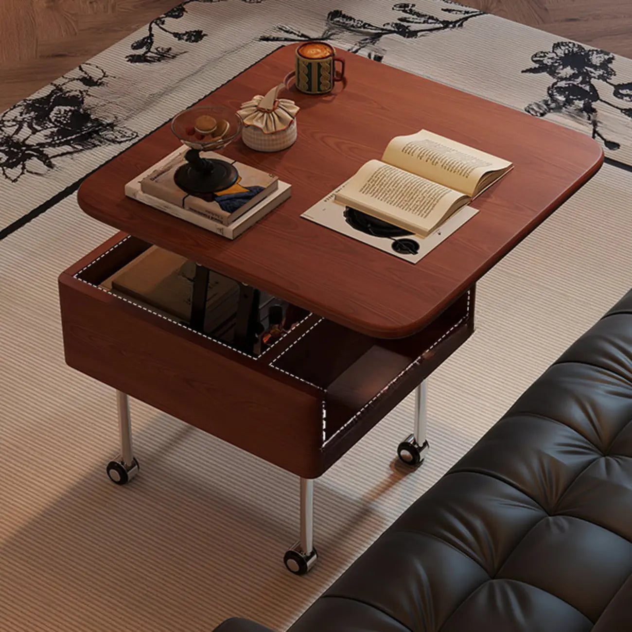 Table basse carrée en bois et métal avec plateau relevable et roulettes