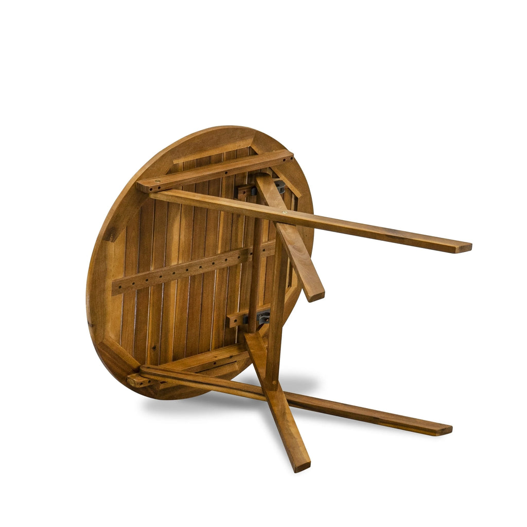 Ensemble bistro d'extérieur East West Furniture comprenant une table basse ronde en bois et 2 chaises pliantes, finition huile naturelle