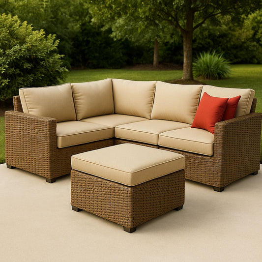 Ensemble de salon de jardin en forme de L en résine tressée avec coussins en polyester beige/rouge