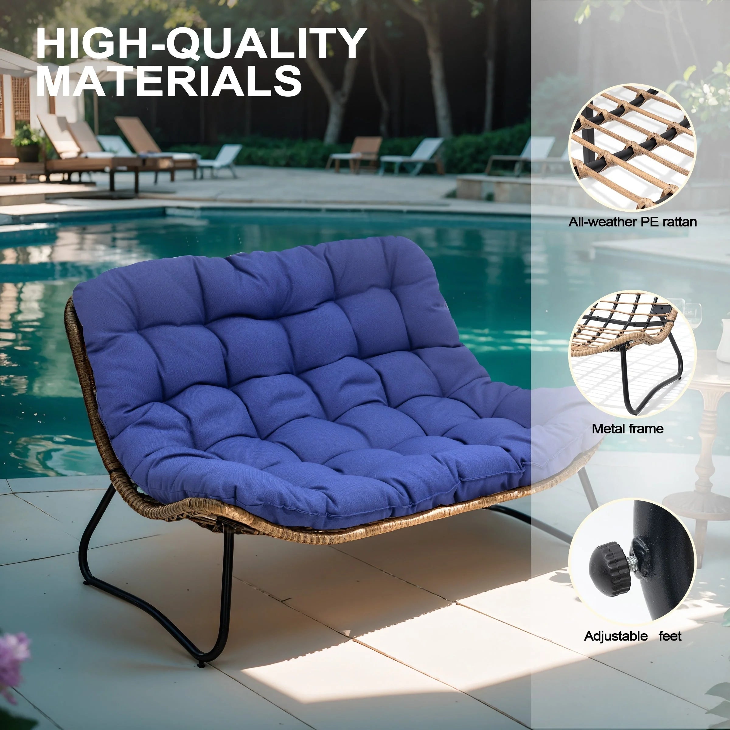 Fauteuil Papasan double deux places avec coussin, en rotin PE résistant aux intempéries et structure en métal pour intérieur et extérieur