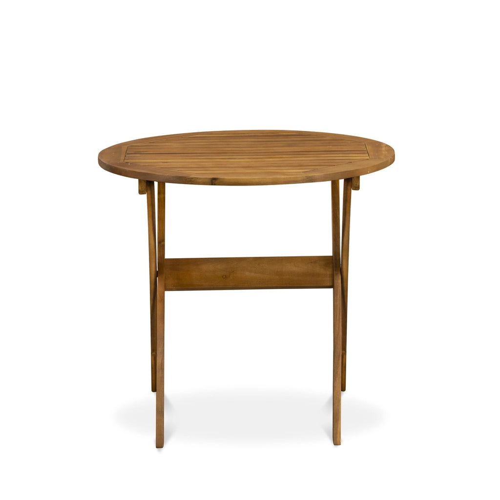 Ensemble bistro d'extérieur East West Furniture comprenant une table basse ronde en bois et 2 chaises pliantes, finition huile naturelle