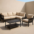 Ensemble de salon de jardin en aluminium avec canapé d'angle, fauteuil et table basse, coussins en polyester, beige/noir