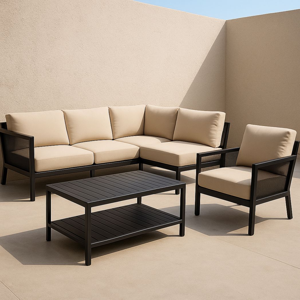 Ensemble de salon de jardin en aluminium avec canapé d'angle, fauteuil et table basse, coussins en polyester, beige/noir