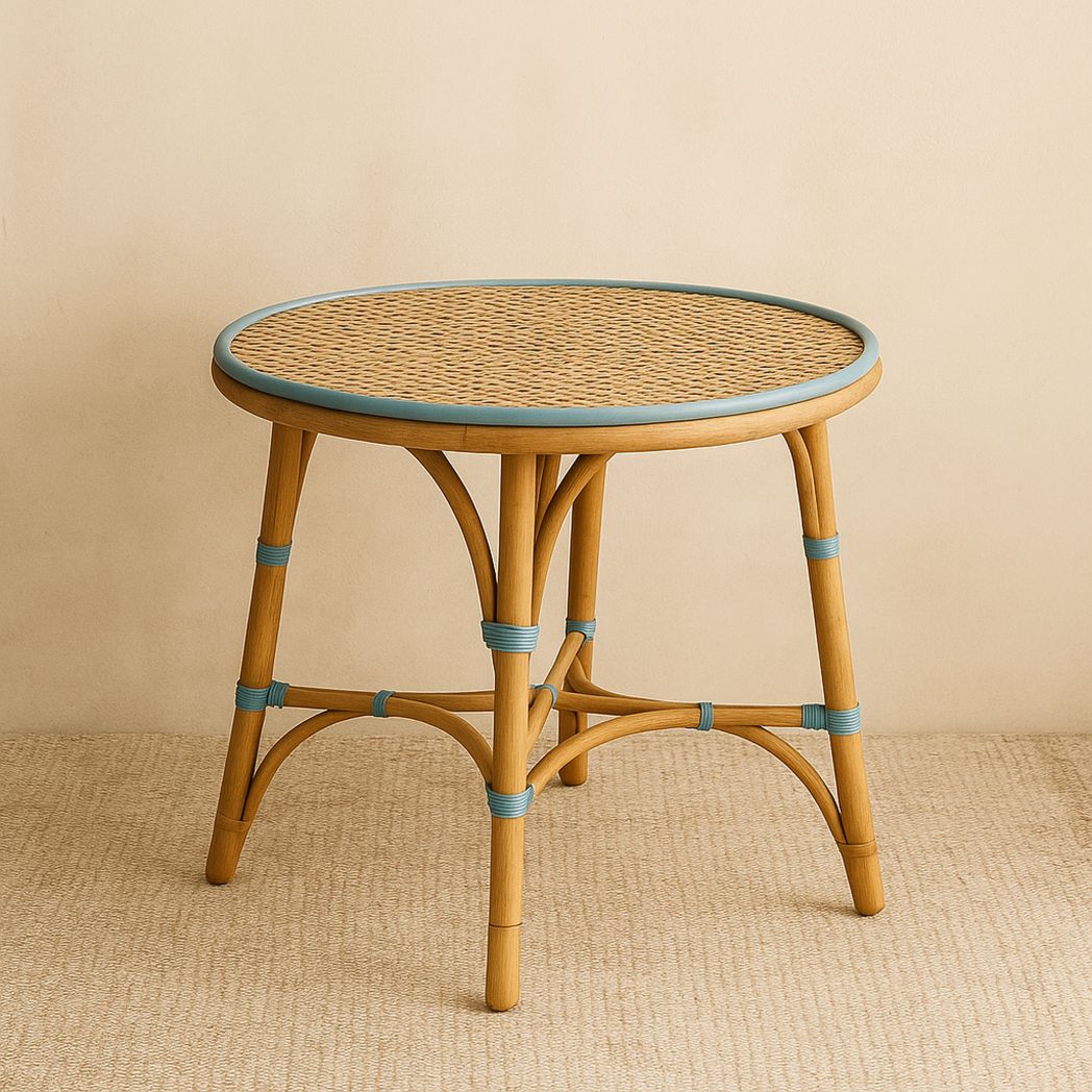 Table Ronde en Rotin Synthétique avec Détails en Plastique Bleu