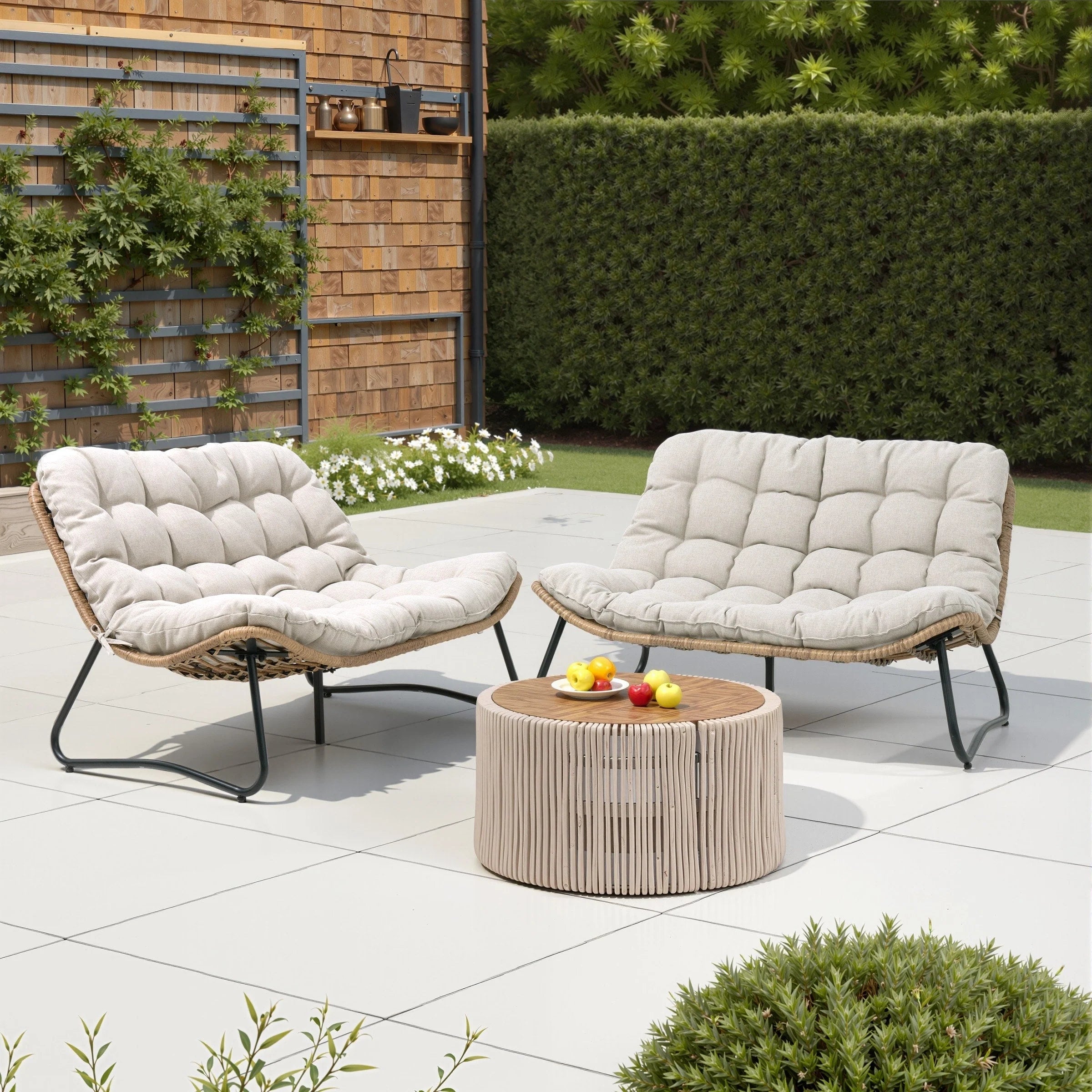 Fauteuil Papasan double deux places avec coussin, en rotin PE résistant aux intempéries et structure en métal pour intérieur et extérieur