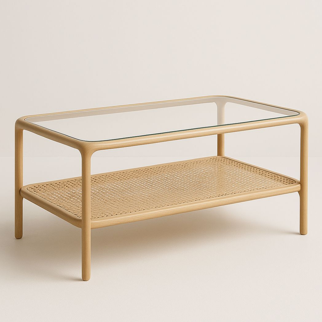 Table basse rectangulaire en verre trempé/bois avec étagère en rotin 110x60x45 cm