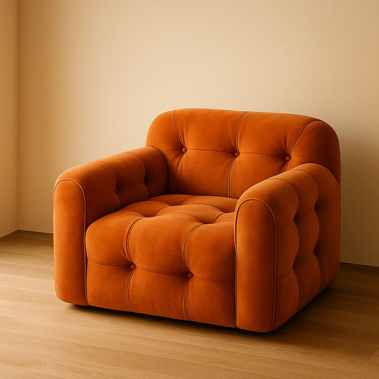 Fauteuil en velours orange avec rembourrage mousse, dimensions 90x100x90 cm