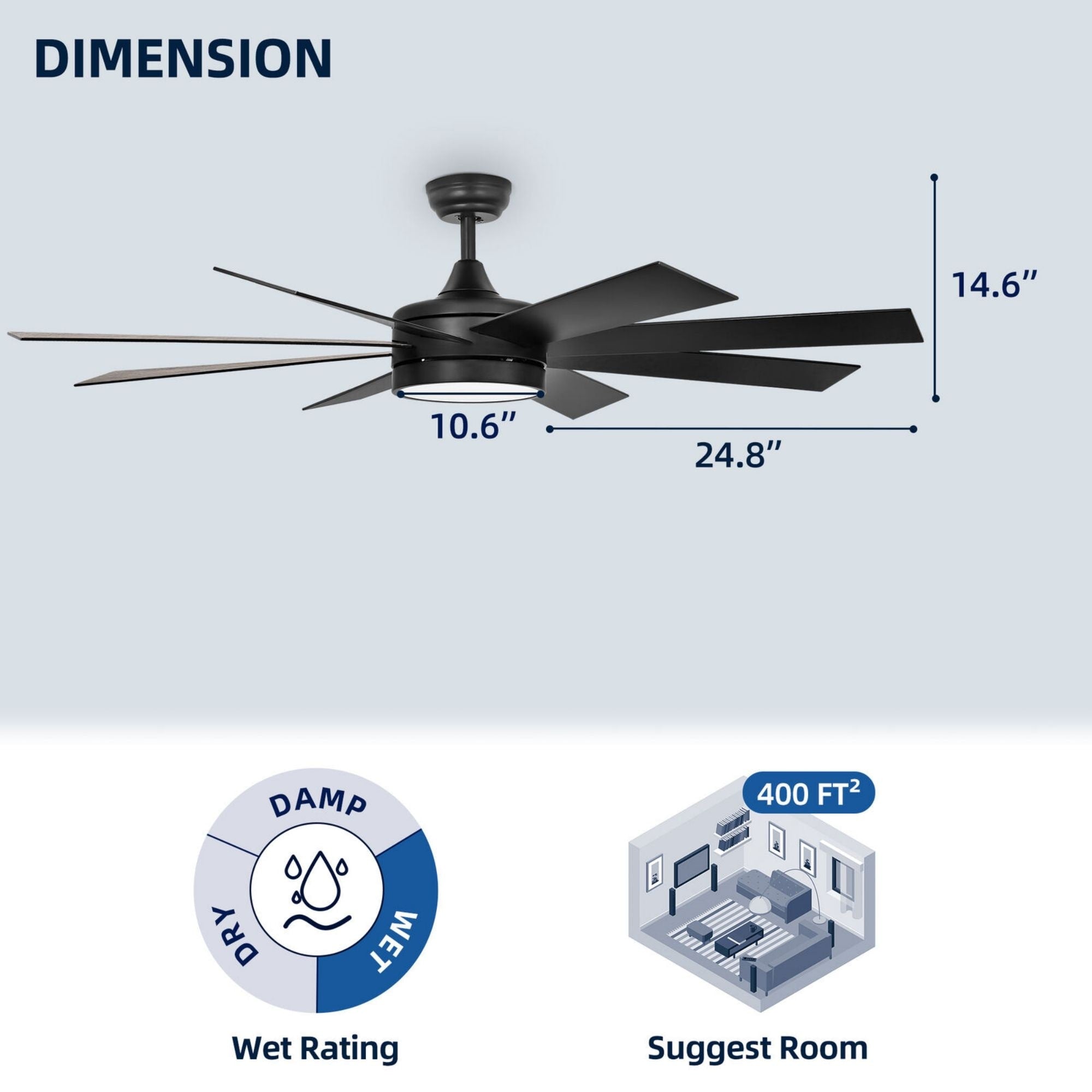 Ventilateur de plafond Moasis noir mat 60 pouces à 8 pales avec lumière LED et télécommande - 60