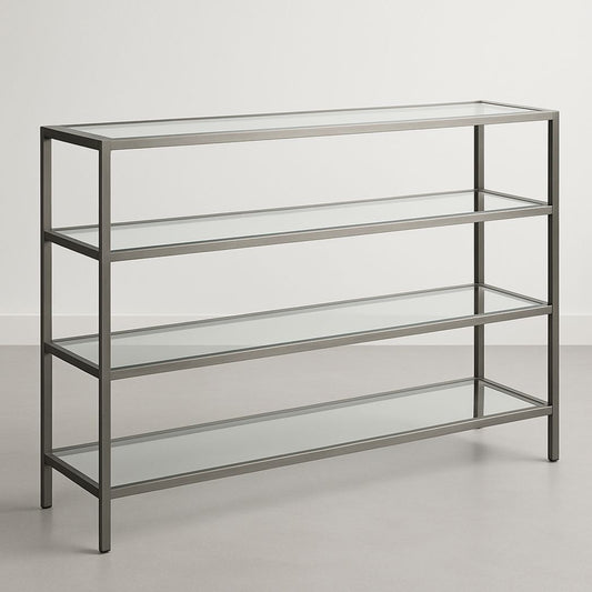 Etagère de rangement en métal et verre trempé rectangulaire 4 niveaux 120x40x90 cm Transparent/Argent