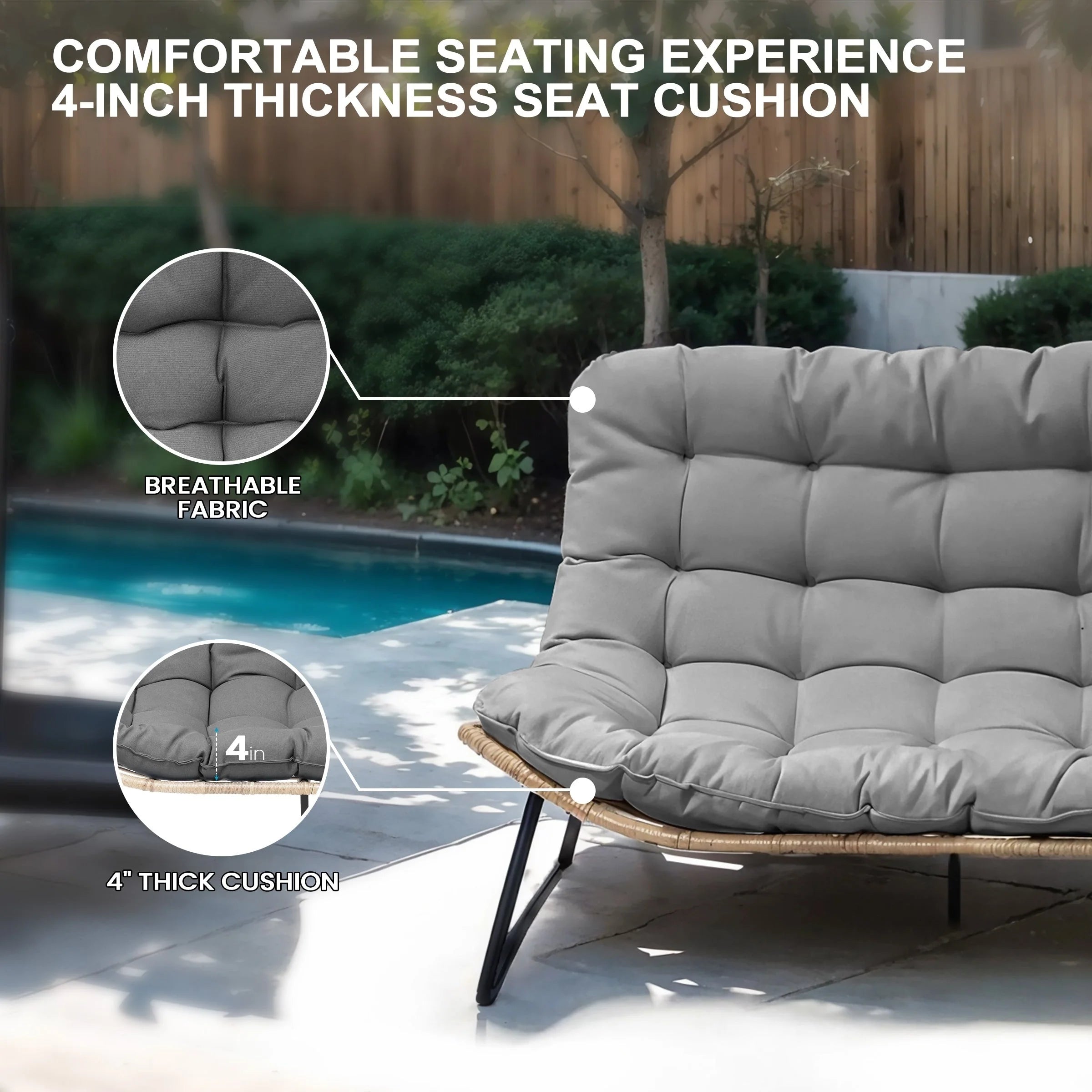 Fauteuil Papasan double deux places avec coussin, en rotin PE résistant aux intempéries et structure en métal pour intérieur et extérieur
