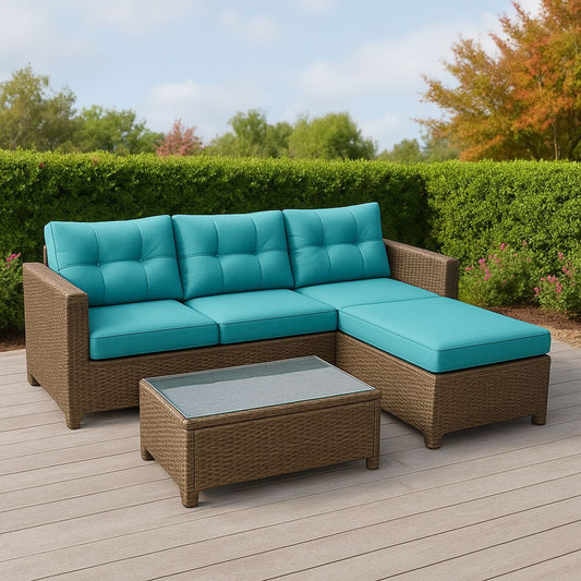 Ensemble de canapé d'angle 4 pièces en résine tressée marron et coussins turquoise, coussins en mousse polyester, table avec plateau en verre trempé