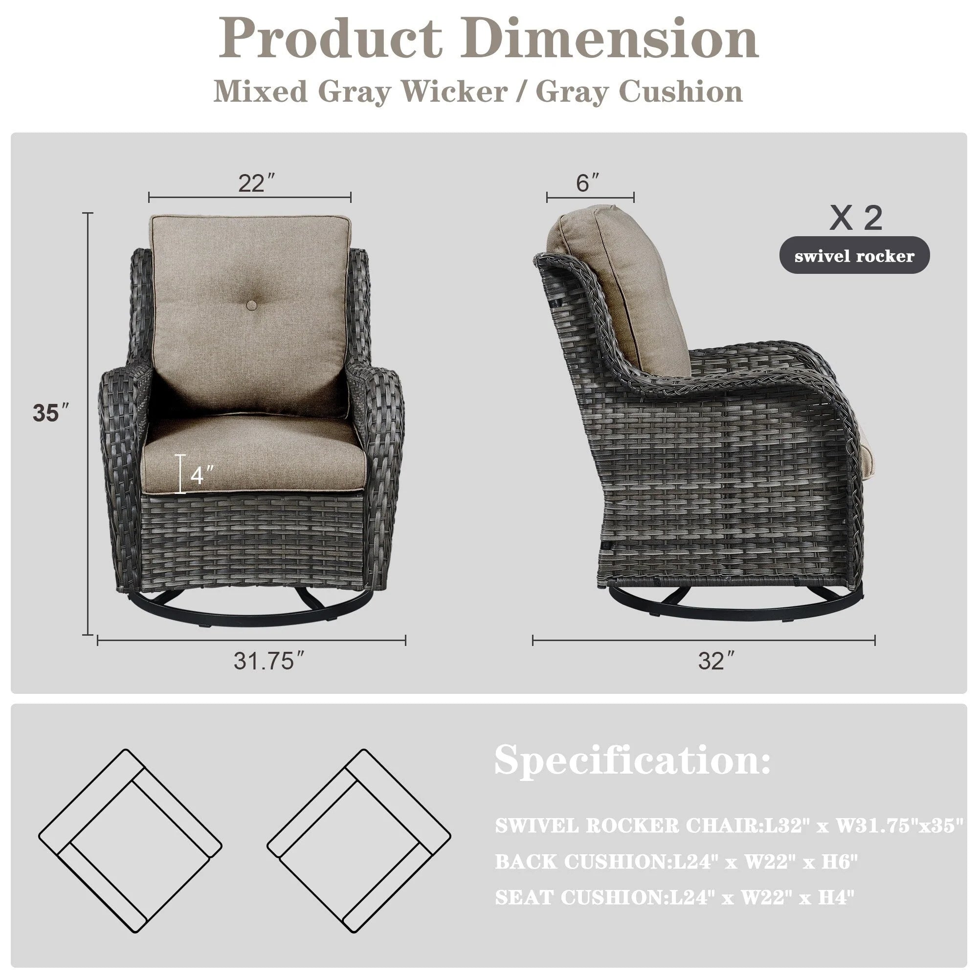 Fauteuils de jardin à bascule en osier Gymojoy avec base pivotante (lot de 2)